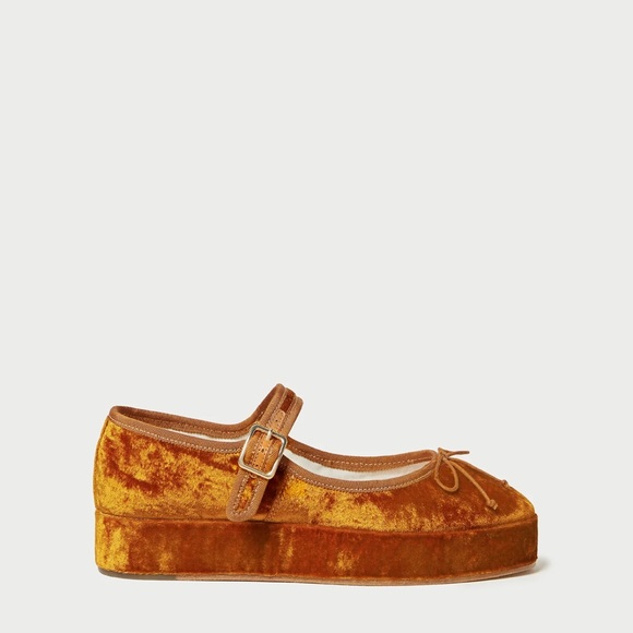 EUC Loeffler Randall Leah Ochre Brown Velvet Platform Mary Jane Flats Size 10 - Picture 3 of 7
